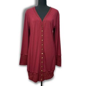 Tunic Length Button Up V-Neck Cardigan Size Large Burgundy Wine